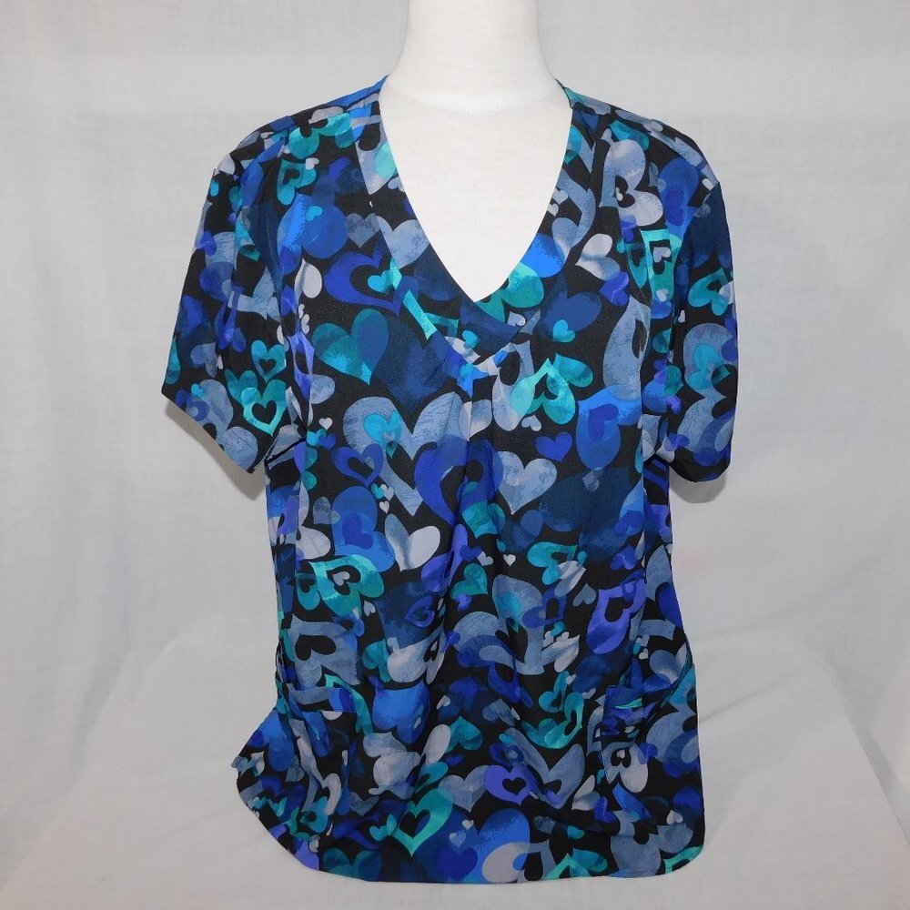 White Cross Womens XL Black with Blue Purple Hearts V Neck Scrub Top Shirt